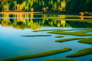 un' lago con erboso banche e alberi nel il sfondo. ai-generato foto