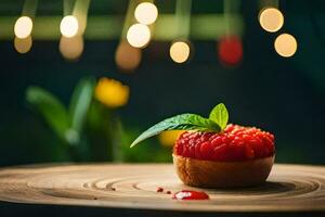 un' lampone crostata su un' di legno tavolo con luci nel il sfondo. ai-generato foto