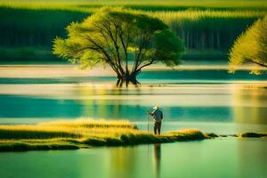 un' uomo sta su il riva di un' lago con un' albero nel il sfondo. ai-generato foto