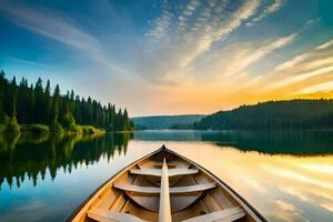 un' canoa su il lago a tramonto. ai-generato foto