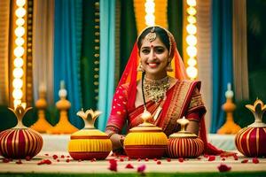 un' donna nel tradizionale indiano abbigliamento si siede nel davanti di un' tavolo con candele. ai-generato foto