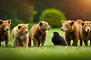 un' gruppo di Marrone orsi in piedi nel un' campo. ai-generato foto