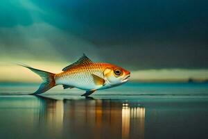 un' pesce è in piedi su il acqua con un' buio cielo. ai-generato foto