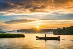 un' uomo nel un' barca su un' lago a tramonto. ai-generato foto