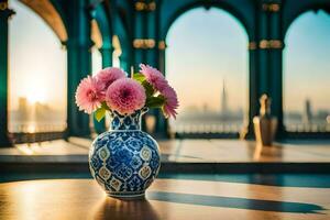 un' blu e bianca vaso con rosa fiori seduta su un' tavolo. ai-generato foto