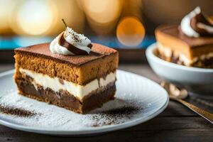 un' pezzo di cioccolato torta su un' piatto. ai-generato foto