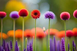 colorato fiori siamo nel un' campo con viola e rosso fiori. ai-generato foto