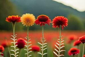 fiori, rosso, giallo, campo, montagne, fiori, campo, fiori, campo,. ai-generato foto