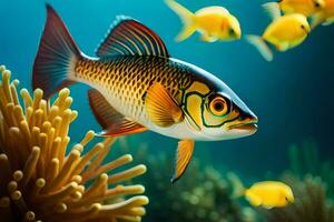 un' pesce nuoto nel il oceano con un anemone. ai-generato foto