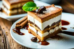 un' fetta di torta con cioccolato e cannella su un' piatto. ai-generato foto