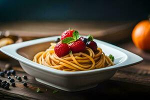 spaghetti con frutti di bosco e basilico su un' di legno tavolo. ai-generato foto