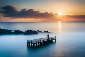 un' uomo sta su un' molo guardare su a il oceano a tramonto. ai-generato foto