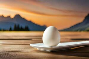 uovo su un' piatto con montagne nel il sfondo. ai-generato foto
