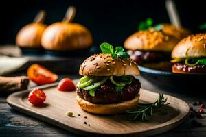 hamburger su un' di legno taglio tavola con zucche. ai-generato foto