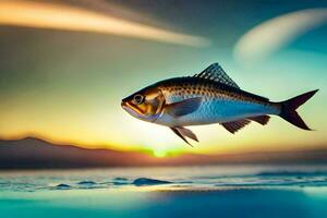 un' pesce è volante al di sopra di il acqua a tramonto. ai-generato foto