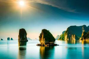 il sole brilla al di sopra di il acqua nel halong baia. ai-generato foto