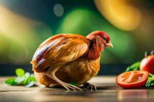 un' pollo è seduta su un' tavolo con pomodori e erbe aromatiche. ai-generato foto