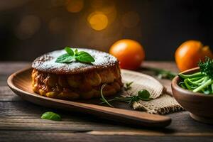 un' piatto con un' Pasticcino e verdure su esso. ai-generato foto