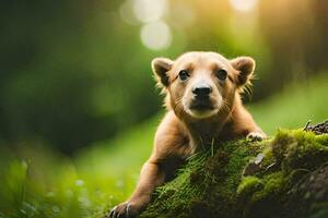 un' cucciolo è seduta su un' muschio coperto tronco d'albero. ai-generato foto