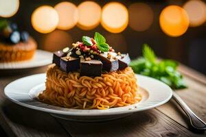 un' piatto di tagliatelle con carne e verdure su superiore. ai-generato foto