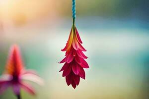 un' rosso fiore sospeso a partire dal un' corda. ai-generato foto