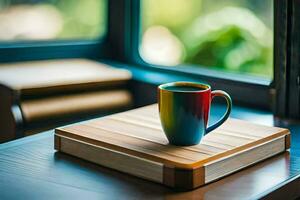 un' caffè tazza si siede su un' di legno tavolo vicino un' finestra. ai-generato foto