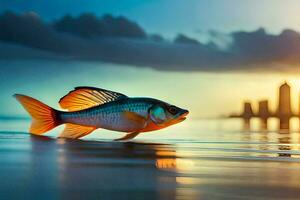 un' pesce è nuoto nel il acqua con un' città nel il sfondo. ai-generato foto