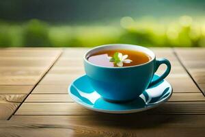 un' tazza di tè su un' di legno tavolo. ai-generato foto