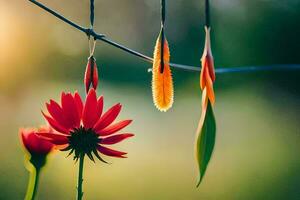 rosso fiori sospeso a partire dal un' filo. ai-generato foto