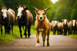 un' capra a piedi nel davanti di un' mandria di bestiame. ai-generato foto