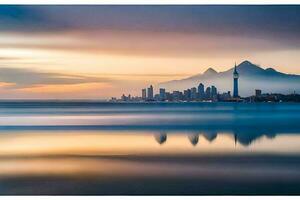 il città orizzonte è riflessa nel il acqua a tramonto. ai-generato foto