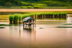 un' piccolo Casa si siede su un' piccolo isola nel il mezzo di un' lago. ai-generato foto