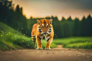 un' tigre a piedi giù un' strada nel il mezzo di un' campo. ai-generato foto