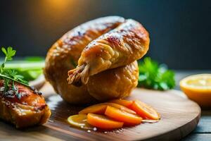 un' pollo su un' di legno taglio tavola con carote e sedano. ai-generato foto