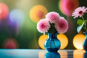 Due blu vasi con rosa fiori su un' tavolo. ai-generato foto