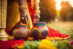 un' donna nel tradizionale indiano vestito è Tenere Due pentole. ai-generato foto
