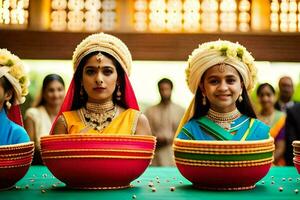 tre donne nel tradizionale indiano abbigliamento siamo Tenere ciotole. ai-generato foto