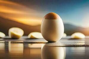 un uovo con un' conchiglia su il terra. ai-generato foto
