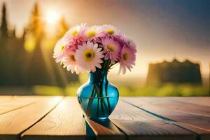 un' vaso con rosa fiori su un' tavolo nel davanti di un' tramonto. ai-generato foto