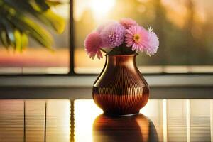 un' vaso con rosa fiori seduta su un' tavolo nel davanti di un' finestra. ai-generato foto