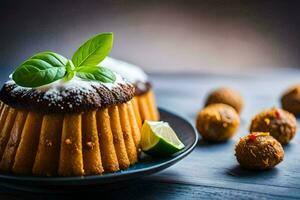 un' torta con un' lime fetta e alcuni noccioline. ai-generato foto