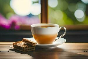 un' tazza di caffè e un' cialda su un' di legno tavolo. ai-generato foto