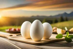 tre uova su un' taglio tavola con un' tramonto nel il sfondo. ai-generato foto