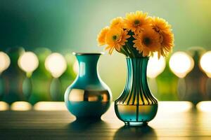 Due vasi con giallo fiori seduta su un' tavolo. ai-generato foto