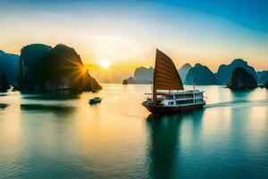 halong baia, Vietnam, tramonto, barca, tramonto, Vietnam, hal. ai-generato foto