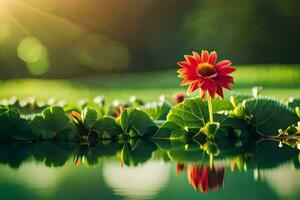 un' rosso fiore è in piedi nel il acqua con verde le foglie. ai-generato foto