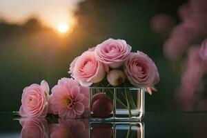 rosa Rose nel un' vaso con un' tramonto nel il sfondo. ai-generato foto