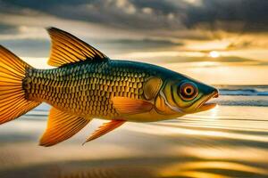 un' pesce è nuoto nel il oceano a tramonto. ai-generato foto