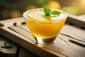 un' cocktail con Limone e menta su un' di legno vassoio. ai-generato foto