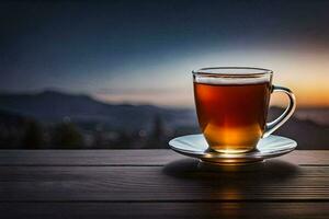 un' tazza di tè su un' di legno tavolo. ai-generato foto